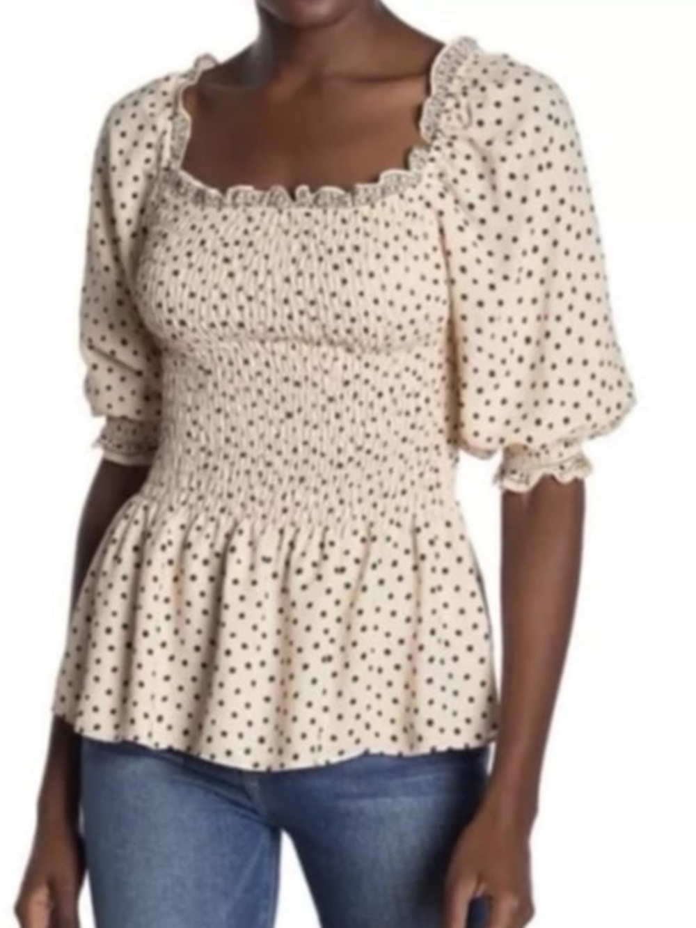 Max Studio Smocked Puff-Sleeve Dotted Spotted Top - Cream/Black